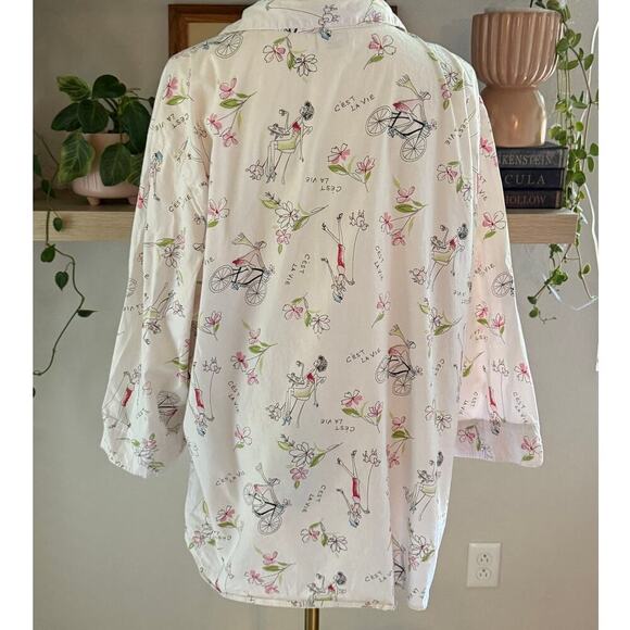 Vintage Parisian Print Button Down Shirt Women 1X White Retro Novelty Artsy Chic - Picture 2 of 9